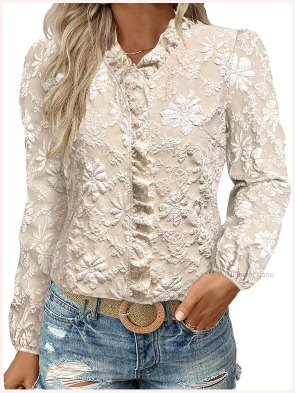 Floral Jacquard Puff Long Sleeve Ruffle Mock Neck Blouse